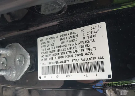 2010 Honda Accord 2.4 Ex-L from USA, damaged, VIN 1HGCP2F89AA180674